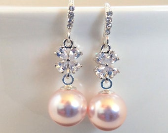 Austrian Pearl and Crystal Bridal Earrings Bridal Jewelry Pearl Drop Earrings Wedding Earrings Pageant Earring Crystal Earrings CZ Bridal