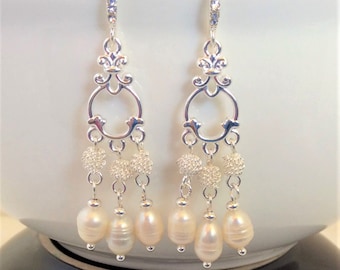 Fresh Water Pearl Bridesmaid Earrings Wedding Jewelry Cream Pearl Earrings Crystal Bridal Earrings Real Pearl Earring Bridal Earring Silver
