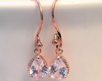 Rose Gold Teardrop Earrings, Bridal Earrings, Bridesmaid Earrings, Rose Gold Bridal Earrings, Crystal and Rose Gold Earrings, Dangle Ear
