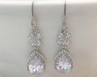 Crystal Bridal Earrings Diamond Bridal Jewelry Cubic Zirconia Pear Drop Earrings Wedding Earrings Pageant Earring Crystal Earrings CZ Bridal