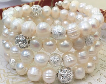 Chunky Fresh Water Pearl Wrap Real Pearl Bracelet Silver Bracelet Cream Fresh Water Pearls Cream Wrap Bracelet Wrap Bridal Wrap Bracelet