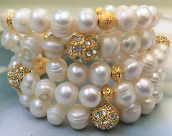 Chunky Fresh Water Pearl Wrap Real Pearl Bracelet  Gold Bracelet Cream Fresh Water Pearls Cream Wrap Bracelet Gold Wrap Bridal Wrap Bracelet