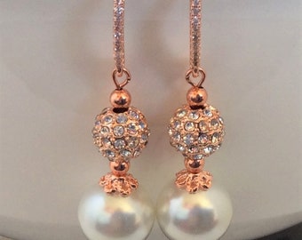 Rose Gold Austrian Pearl  Earrings, Bridal Earrings, Bridesmaid Earrings, Rose Gold Bridal Earrings, Crystal & Rose Gold Earrings, Austrian