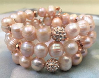 Chunky Fresh Water Pearl Wrap Real Pearl Bracelet Rose Gold Bracelet Blush Pink Fresh Water Pearls Blush Pink Wrap Bracelet Rose Gold Wrap