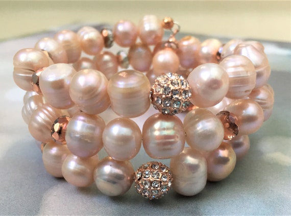 Chunky Fresh Water Pearl Wrap Real Pearl Bracelet Rose Gold Bracelet Blush Pink Fresh Water Pearls Blush Pink Wrap Bracelet Rose Gold Wrap