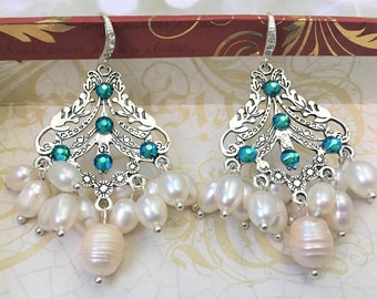 Austrian Bridesmaid Earrings, Wedding Jewelry, Fresh Water Pearls, Crystal Bridal Earrings, Austrian Chandelier Earrings, Bridal Earring
