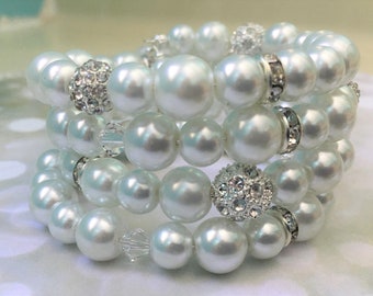 Chunky Pearl Wrap Pearl Bracelet Silver Bracelet White Pearl Bridal Bracelet Pearl Wedding Jewelry White Pearl Wrap Cuff Bracelet White