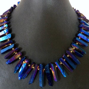 Peacock Blue Quarts Necklace - Fashion Jewelry - Bib Necklace - Peacock Blue and Gold Jewelry - Tribal Necklace - Iris Blue Necklace