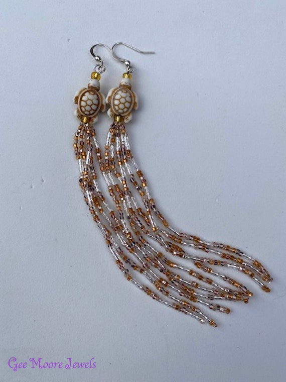 Turtle Topped Native American Style Seed Bead Dangle Earrings Extra Long
