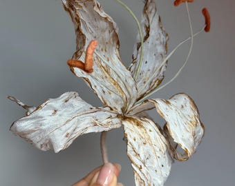 Handmade White Silk Lily Stem, Gold Accent, Couture Millinery Supply
