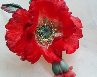 Broche coquelicot en soie avec bouton, Broche coquelicot, épinglette coquelicot, cadeau broche fait main, fleur de soie pavot rouge, broche coquelicot en soie, broche faite main