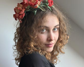 Handmade Silk Rose Brooch, Red Gold Floral Pin, Couture Accessory