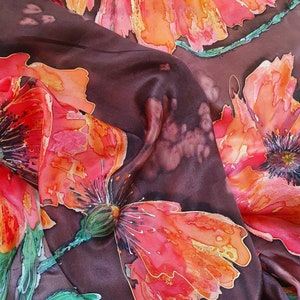 Schal - Wrap &quot;Mohnblumen in braun&quot;, Roter Mohnblumen Seidenschal, Floraler Schal, Designerschal, Valentinstagsgeschenk