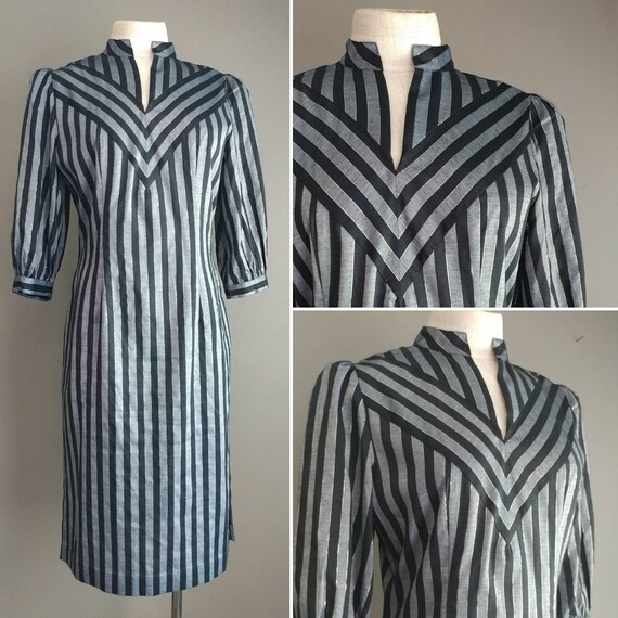 Vintage Striped Dress Black Silver Grey Stripes Ch