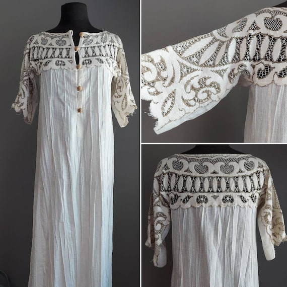 Vintage Lace and Cotton Kaftan Hippie Boho Dress E