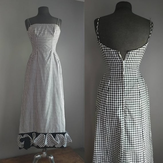 Vintage Gingham Dress S M Black Velvet Gown Black