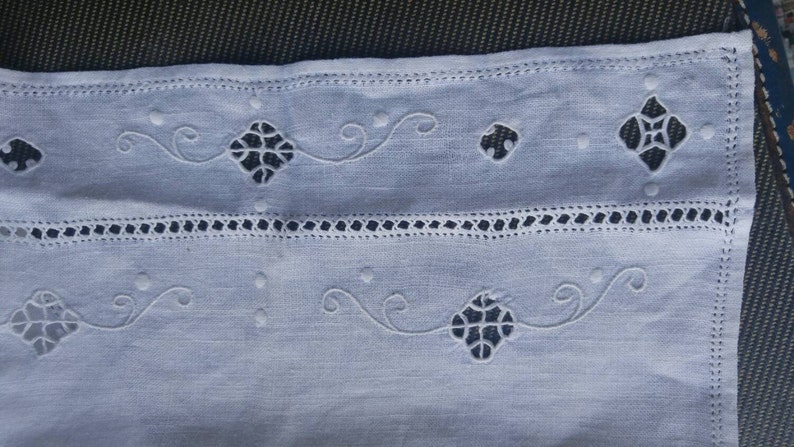 Vintage Linen Runner White Work Embroidery White Linen Embroidered Textile Table Cloth Heirloom Linen Whitework Cut Out Lace White Table