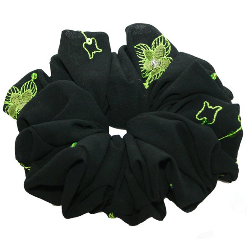 Extra Large embroidered Georgette Fabric with Green Design Scrunchies Handmade Scrunchies Pull up hair tie, Extra Large Ponytail Holder