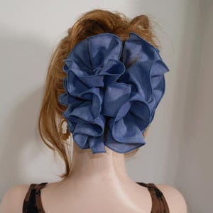 Large size Denim Jaw Clip Bow, Women's Accessories for Hair,  Blue Color Bow on Clams Clip, Indigo Color Puffy bow Clip 6.5" wide