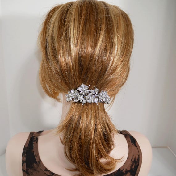 Silver Tone Enamel & Crystal Floral Barrette Duo Amazon.com : Xerling Royal Blue Rhinestones Hair Barrette  main image 3