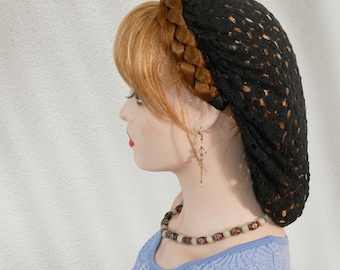 Gorro largo tipo snood, de encaje negro, tejido de ganchillo, para sujetar el moño, accesorios para mujer.
