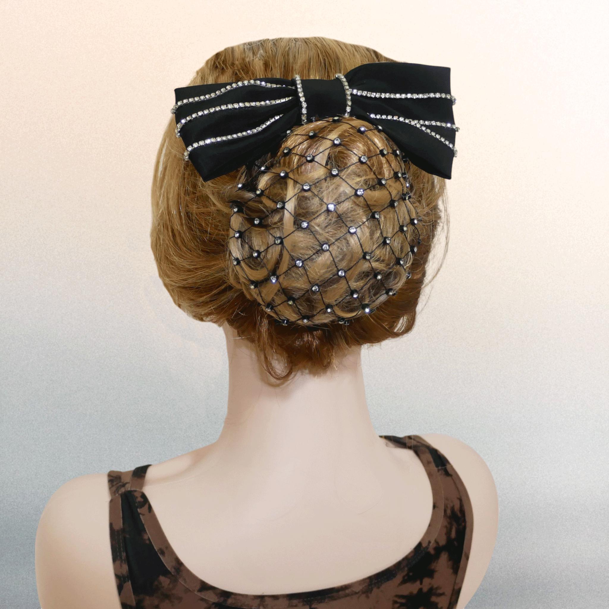 Crystal Bun Cover Hair Net: Stretchable Black Clear Stone 
