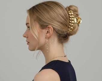 Set di 2 fermagli per capelli spessi con catena, grandi, oro, argento, lunghi 10 cm