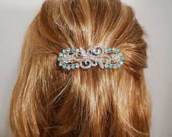 Crystal Blue Cat&#39;s Eye Barrette: Gold Floral Wedding Hair Clip