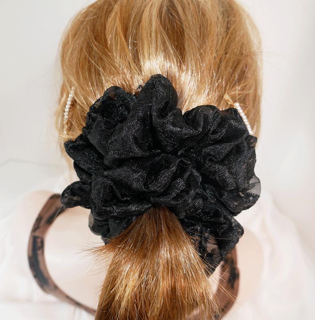 Extra Large Embroidered Black Organza Scrunchie: Jumbo Ponytail Holder