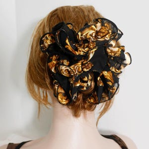Medium Size Black Chiffon Hair Bow Jaw Clip: Printed Ponytail Holder