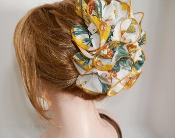 Yellow Floral Chiffon Hair Bow Jaw Clip: Medium Size (6")
