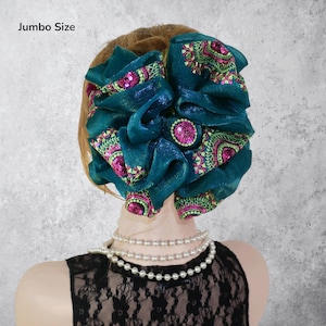 Jumbo Size Teal Sequin Embroidered Extra Large 7&quot; Hair Jaw Clip Bow