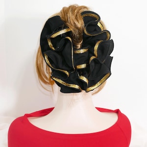 6.5&quot; Large Black Hair Jaw Clip Bow: Gold Ribbon Trim, Elegant Ponytail Accessory