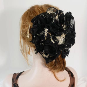 6.5&quot; Wide Large Size Black Chiffon & Gold Sequin Embroidered  Hair Jaw Clip Bow: