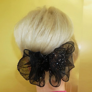 Organza Fluffy 4 loops Hair Bow Barrette for Women Black Coler shiny hair Bow