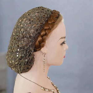 ダークアンティークゴールドのシークエンスヘアカバースヌードロングヘアバンホルダーダンスフォーマルイベント女性用ヘアアクセサリー