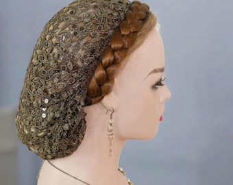 Gorro de lentejuelas para el cabello: Cubre moño color oro antiguo, accesorio formal para baile de mujer