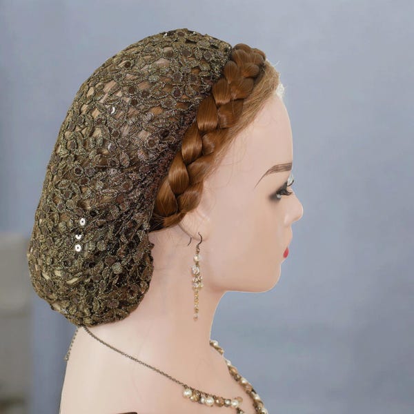 Gorro de lentejuelas para el cabello: Cubre moño color oro antiguo, accesorio formal para baile de mujer