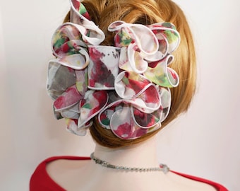 Medium Size Floral Chiffon Hair Clip Bow: Handmade Abstract Bow Jaw Claw (6")
