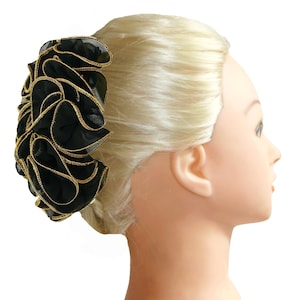 バナナヘアクリップコームボウシフォンブラック、ゴールドまたはシルバートリム、ロングヘアふわふわボウレディースヘアアクセサリー、2色オプション