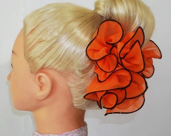 Orange Chiffon Halloween Hair Clip Bow: Black Trim, Medium Size