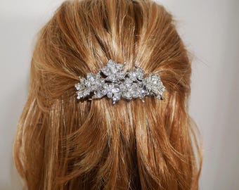 Bridal Crystal Floral Hair Barrette: Silver Wedding Hair Clip