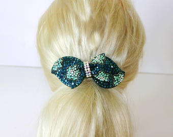 Blue Crystal Bow Barrette: Wedding Hair Clip, Large Size