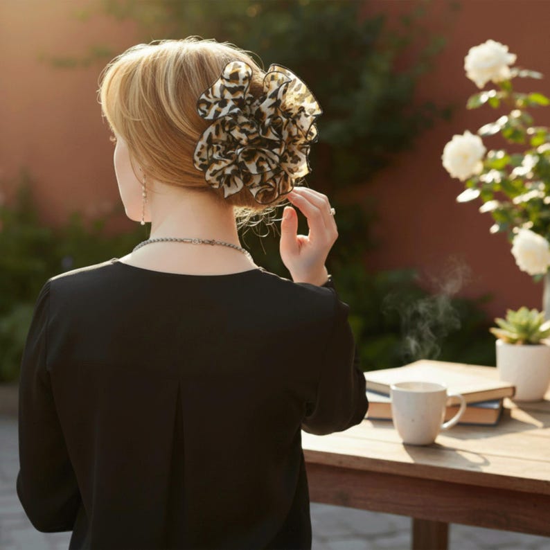 以下が含まれることがあります： 金髪の女性が黒いトップスとヒョウ柄のヘアアクセサリーを身に着けています。彼女は、コーヒーカップと本が置かれた木製のテーブルの近くに立っています。白い花と多肉植物も見えます。