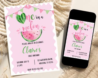 Invitación de primer cumpleaños "Única en un melón", invitación de cumpleaños de sandía, invitación de cumpleaños de verano, plantilla editable de Canva