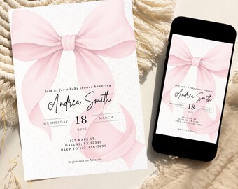 Invitación para baby shower de niña, con lazo rosa, plantilla editable, descarga instantánea