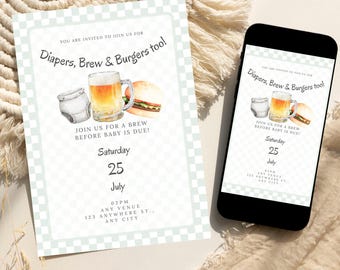 Invitación para fiesta de pañales, invitación para baby shower, cerveza para pañales y hamburguesas también, plantilla de Canva editable, descarga instantánea