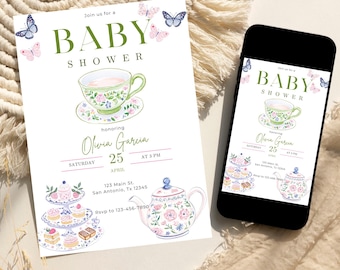 Invitación para baby shower con tema de té, diseño floral (plantilla editable)