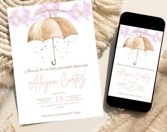 Inbjudan till babyströssel med flicka, inbjudan till babyströssel med paraply, redigerbar canvasmall