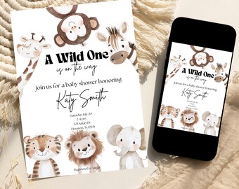 Invitación para baby shower con temática de safari, invitación para baby shower con temática de la selva, plantilla editable de Canva, descarga instantánea.